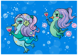 青バックの海中でワイングラスを持つアマビエのイラスト