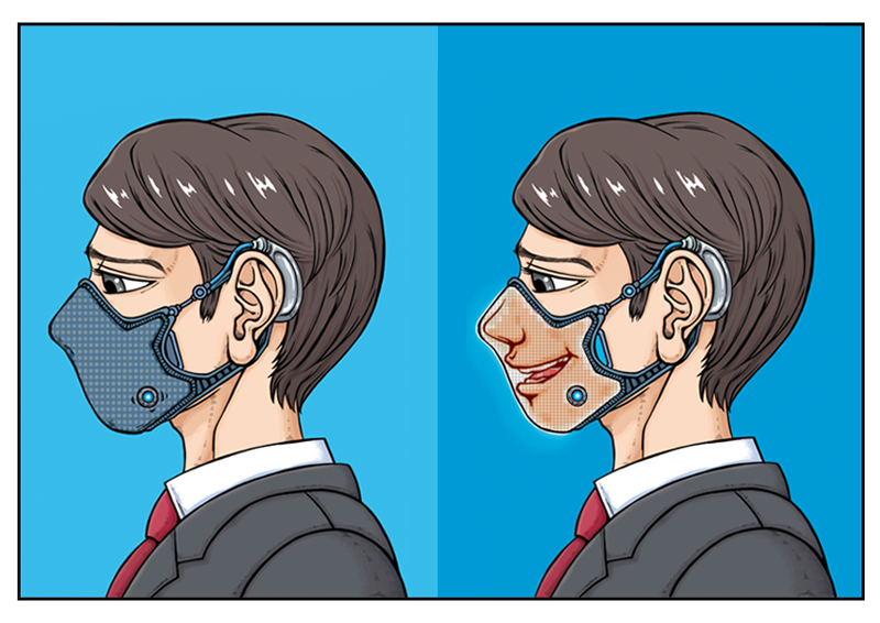 メカの搭載されたウレタン風マスクをつけたビジネスマンの青年のイラスト