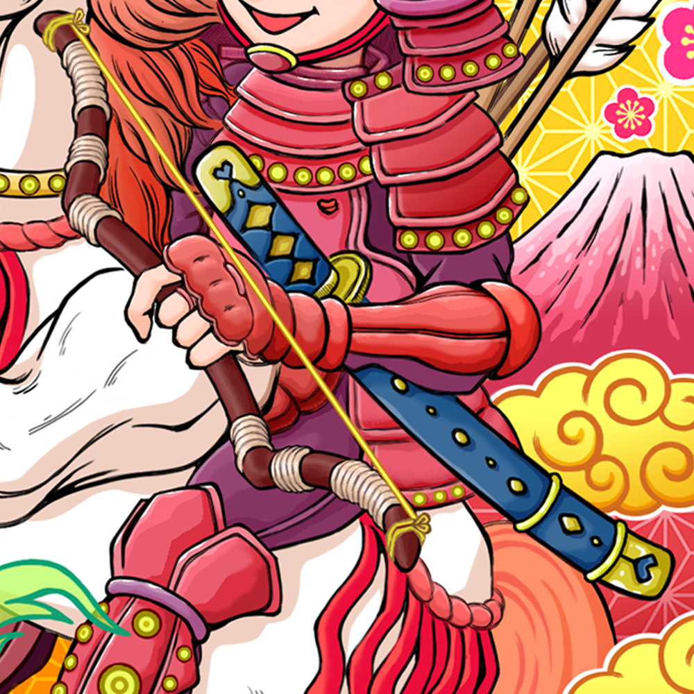 破魔弓を握る戦国武者の籠手をクローズアップしたイラスト。柄に入った青と金色の日本刀も脇に抱えている。